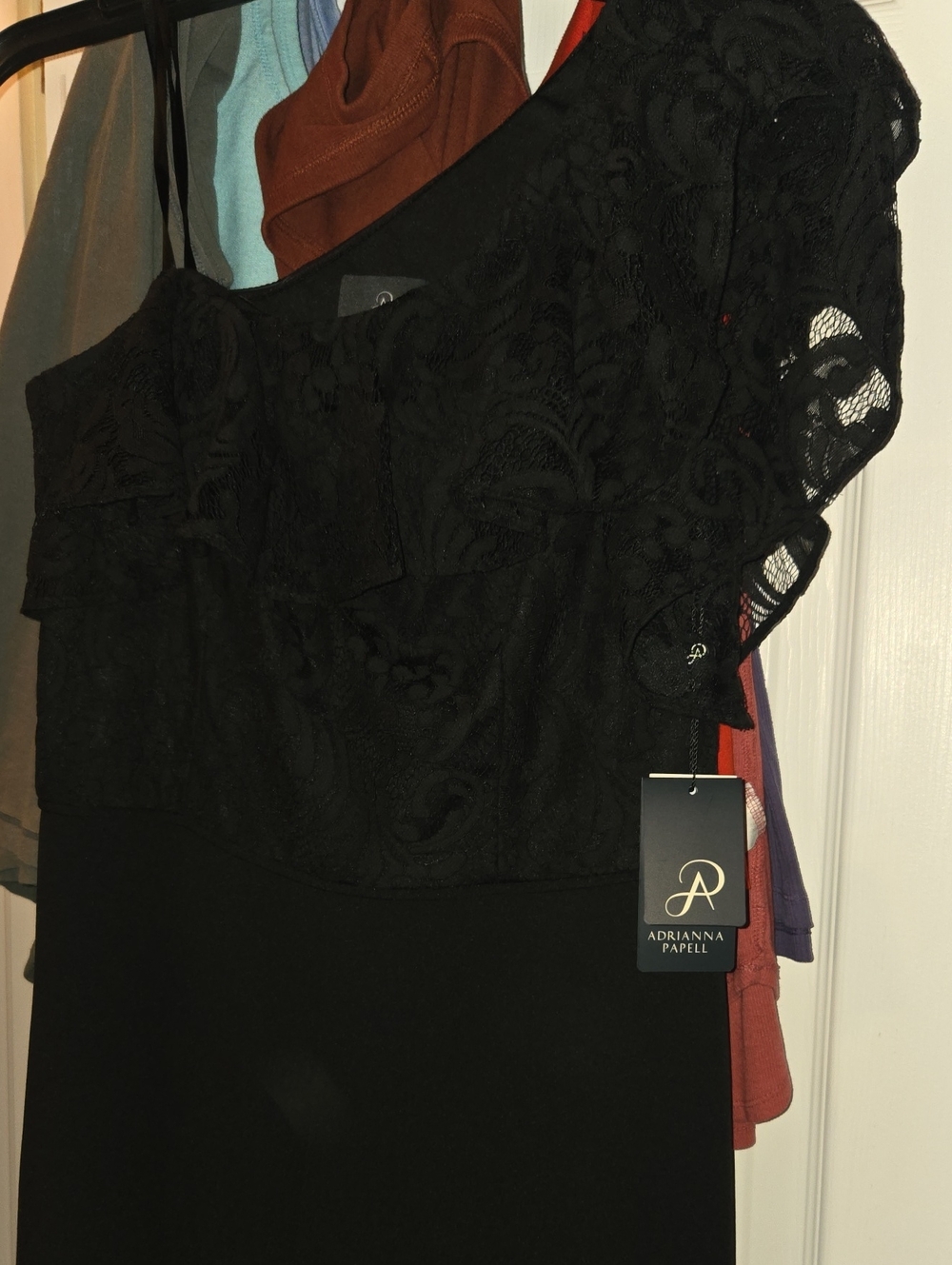 Adrianna Papell Black One-Shoulder Lace Evening Jumper
